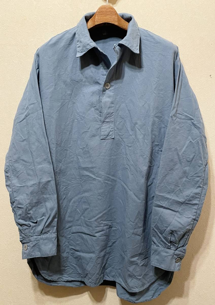 美品69年レアカラー60sビンテージ実物スウェーデン軍プルオーバーシャツL~ロング丈ブルーグレー希少色コットン60年代1960sユーロミリタリー