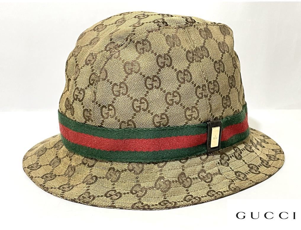 GUCCI グッチ GGキャンバス ウェブ ストライプ シェリーライン バケットハット フェドラハット 帽子 ベージュ イタリア製 XL 正規品
