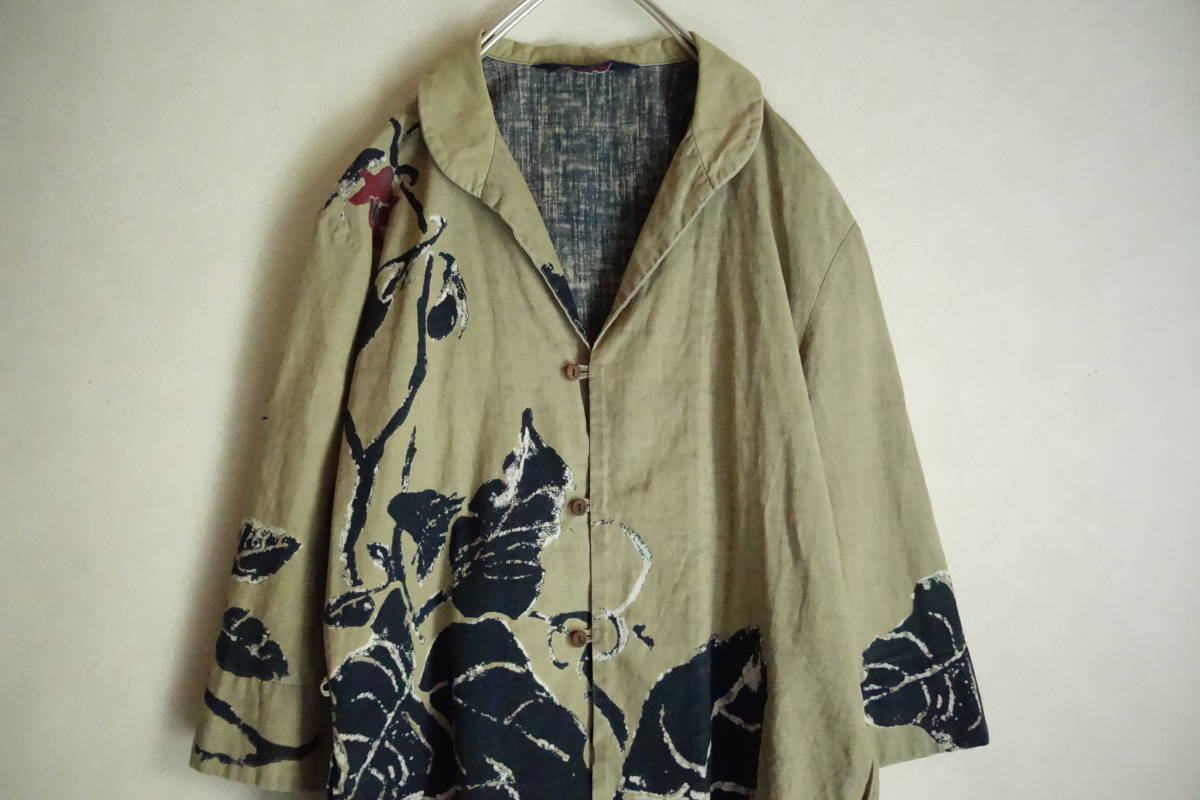 45R インディゴ 花柄 アースカラー 開襟シャツ サイズ2（M～L） 【公式 
