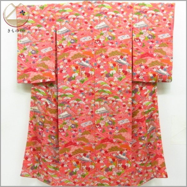 ★着物10★ 1円 絹 子供着物 アンティーク 女児用 古代縮緬 菊 梅 袷 身丈146cm 裄62cm [同梱可] ☆☆☆☆