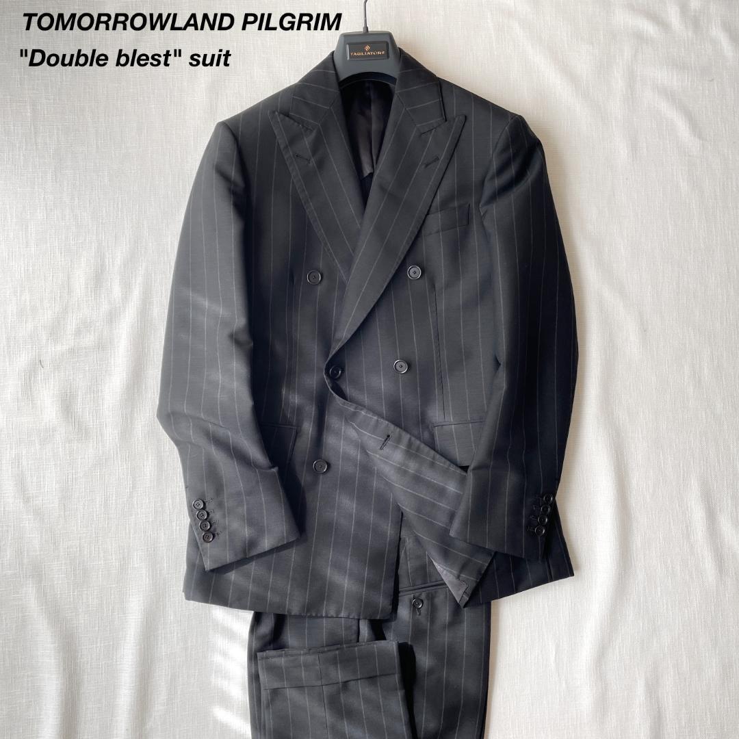 ＜極美品!!＞■TOMORROWLAND トゥモローランド ピルグリム ダブルブレスト ストライプスーツ グレー モヘヤ混 エレガント 46(S程度)