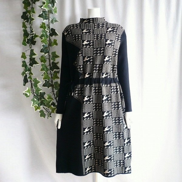 【新品】8509【L】上質 千鳥格子柄 配色 ニットワンピース 黒 ボトルネック サイドリボン 和風 上品 40代 50代 60代 秋 冬