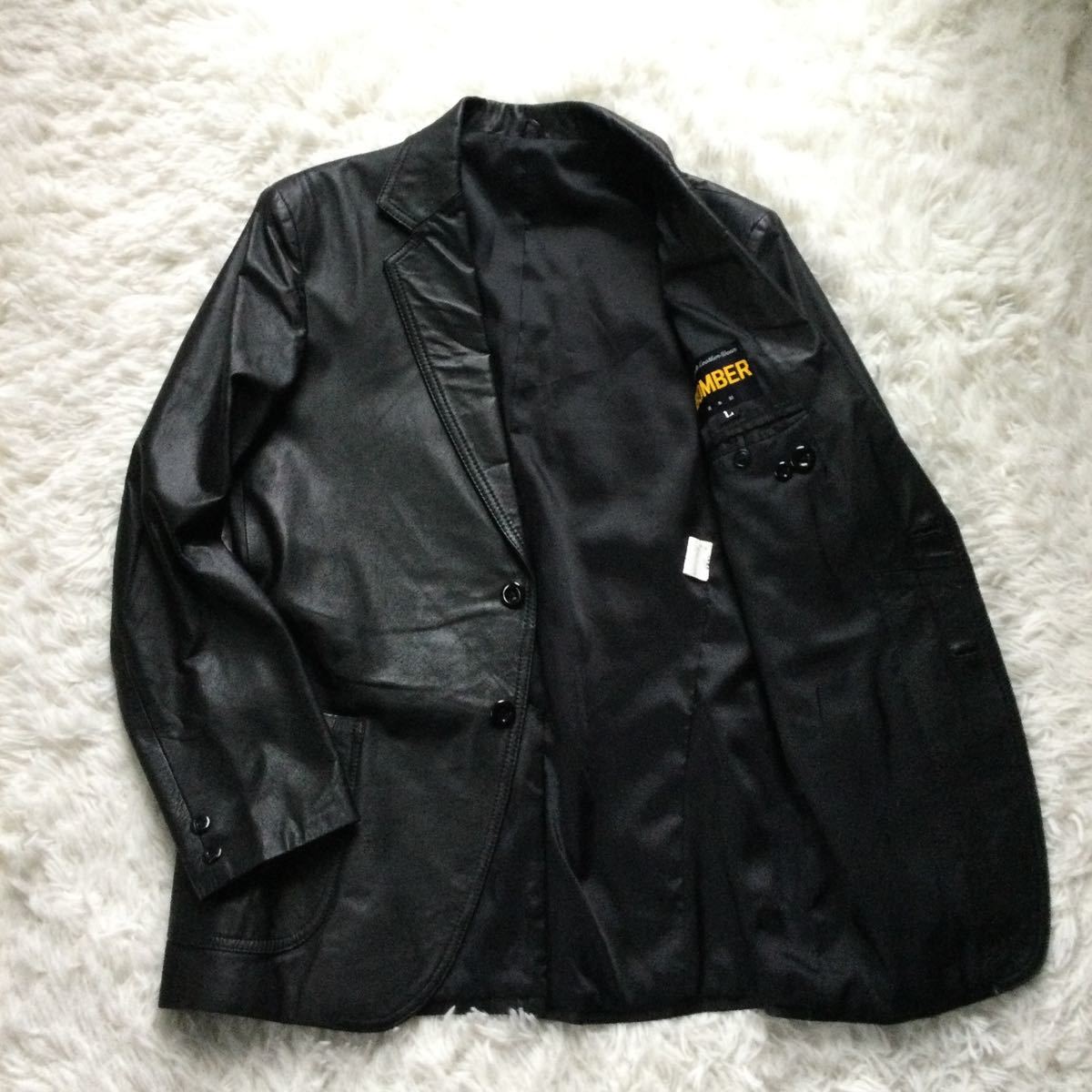 美品　日本製　レザーテーラードジャケット　カウレザー　牛革　２B　本革　リアルレザー　黒　ブラック　スリム　ブラック　黒　L