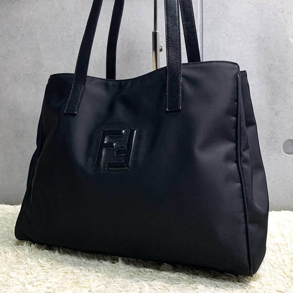 1円 美品 希少 FENDI フェンディ メンズ トートバッグ ショルダー ビジネス A4収納 肩掛け レザー 本革 ナイロン ブラック 黒 FFロゴ 2室