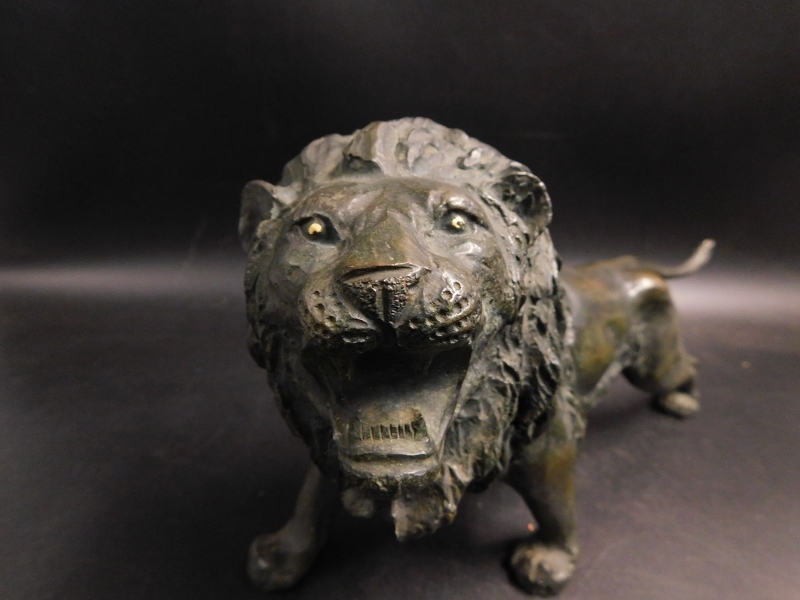 明治金工師 秀山作 鋳銅 獅子 ライオン 銅製 3374g 置物 床飾り