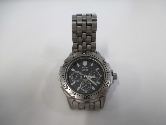 セイコー 5K2J-0A30 ソーラー チタン デイデイト 黒文字盤 メンズ腕時計 稼働品 激安1円スタート