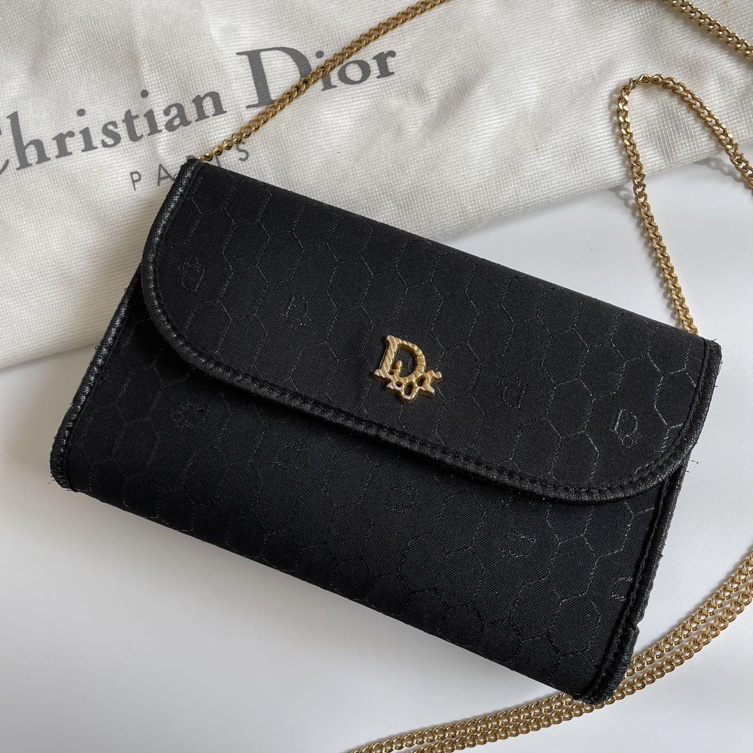 【未使用級】Dior ディオール ショルダーバッグ ハニカム Dior金具 チェーン 肩掛け 斜め掛け キャンバス 黒 ブラック ゴールド金具