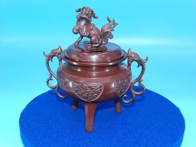 香炉　青銅製　獅子　孔雀　三足　高岡銅器　瑞峰作　茶道具　香道具　お香付き 香炉 青銅製 獅子 孔雀 三足 高岡銅器 瑞峰作 茶道具 香道具 お香付き