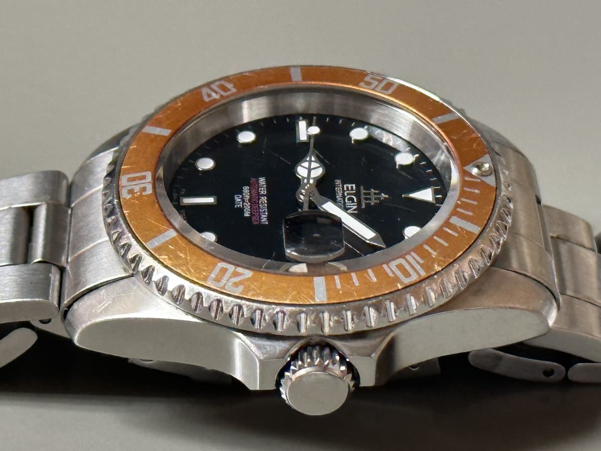1円〜◇ELGIN エルジン AUTOMATIC 黒文字盤 オレンジベゼル FK-531-F 