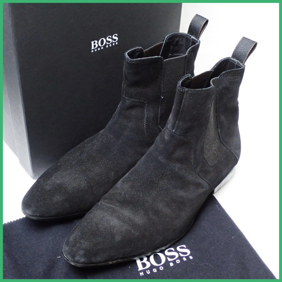 ★HUGO BOSS/ヒューゴボス スエード サイドゴアブーツ 8.5/メンズ28cm相当/ブラック/外箱付き&1283000111