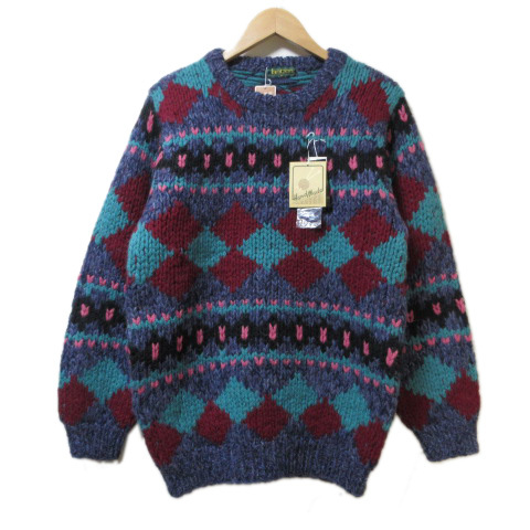 未使用品 ジャンセン jantzen 80s タグ付き 長袖 ニット セーター ヴィンテージ 厚手 ウール ハンドメイド M マルチカラー FRS