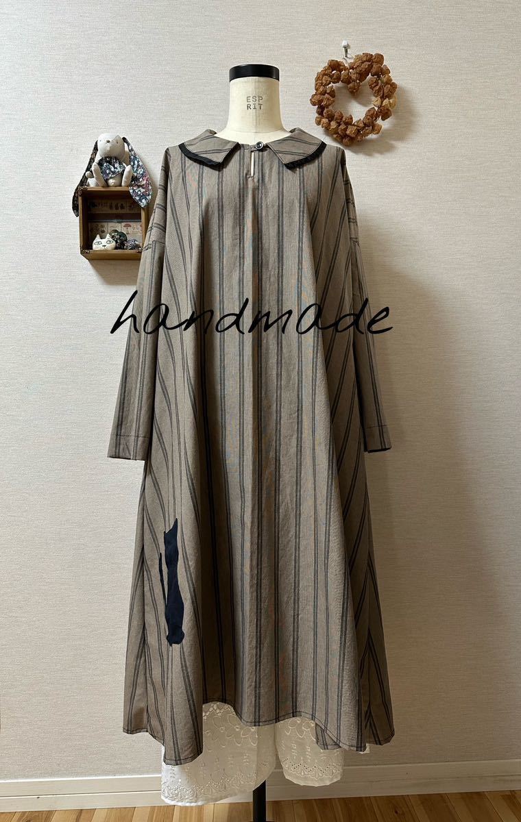 ハンドメイド　フレアワンピース　播州織　高密度クロス　猫パッチ