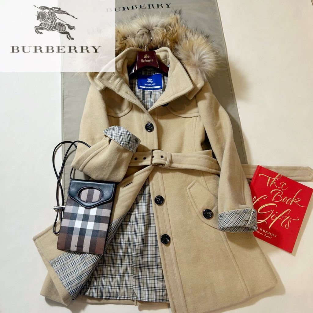 レア✨バーバリーロンドン　ノバチェック　トレンチコート　ブルーフォックスファー付 参考価格12万○美品BURBERRY BLUE LABEL☆目立ちノバチェック!! 毛皮