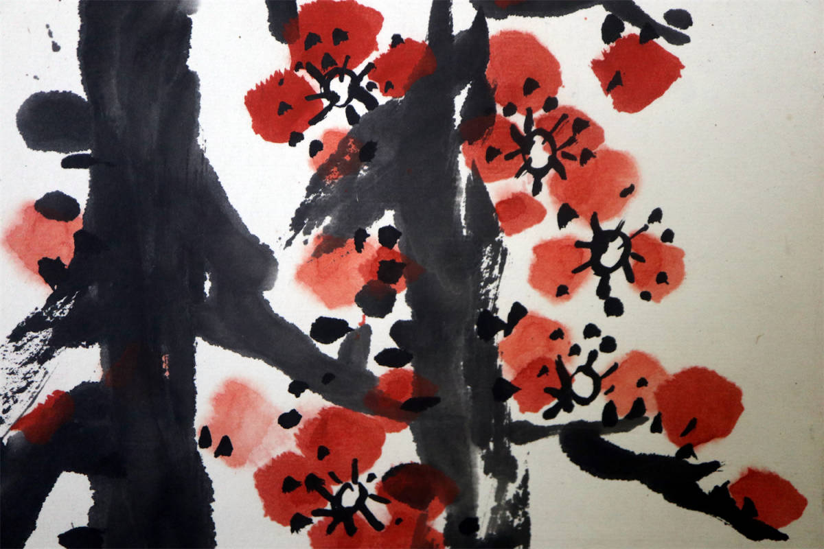 直筆 呉昌碩 紅梅水仙図 掛け軸 紙本 軸装 絵画 古画 肉筆保証 模写
