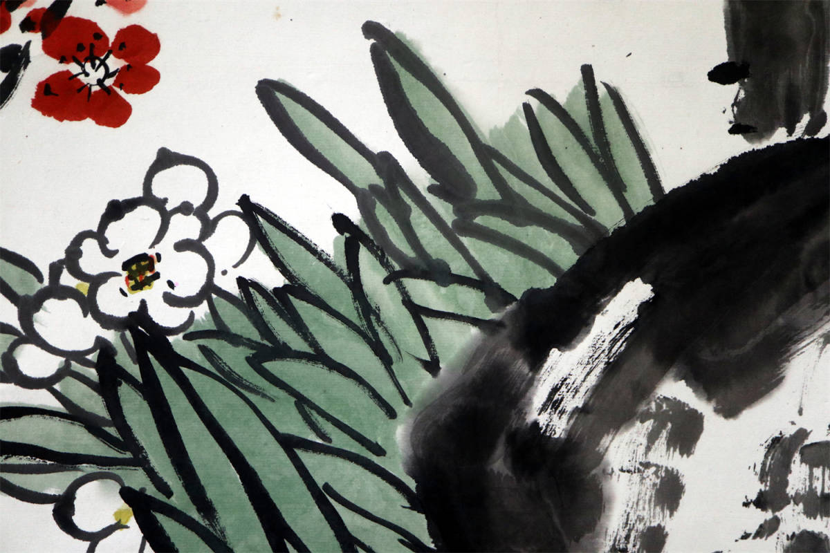 直筆 呉昌碩 紅梅水仙図 掛け軸 紙本 軸装 絵画 古画 肉筆保証 模写