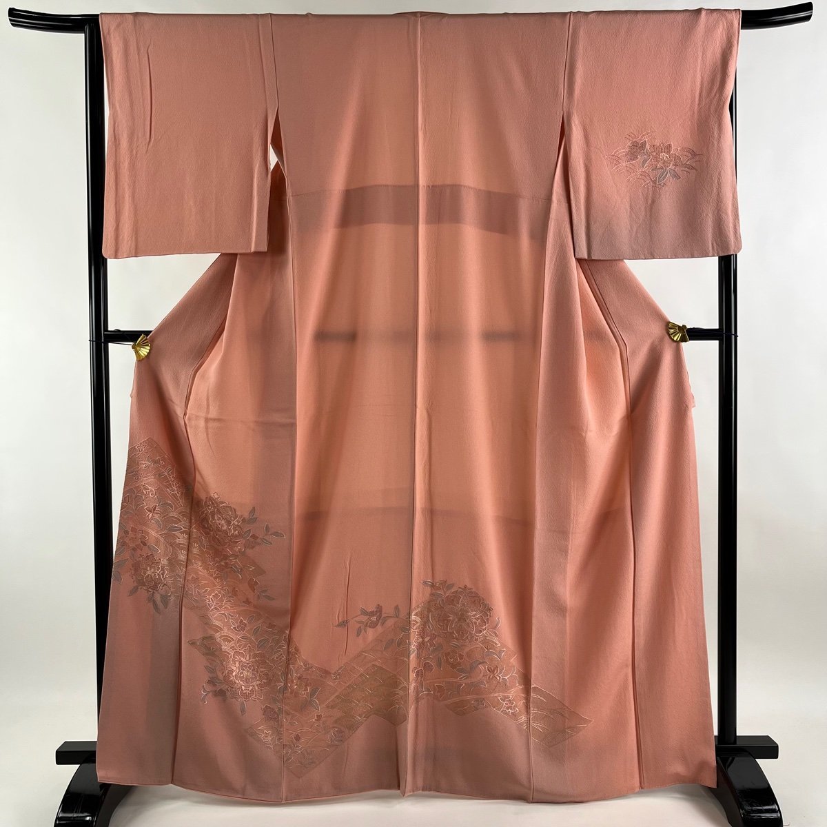 訪問着 名品 落款 草花 金彩 青緑 袷 身丈155cm 裄丈64cm M 正絹