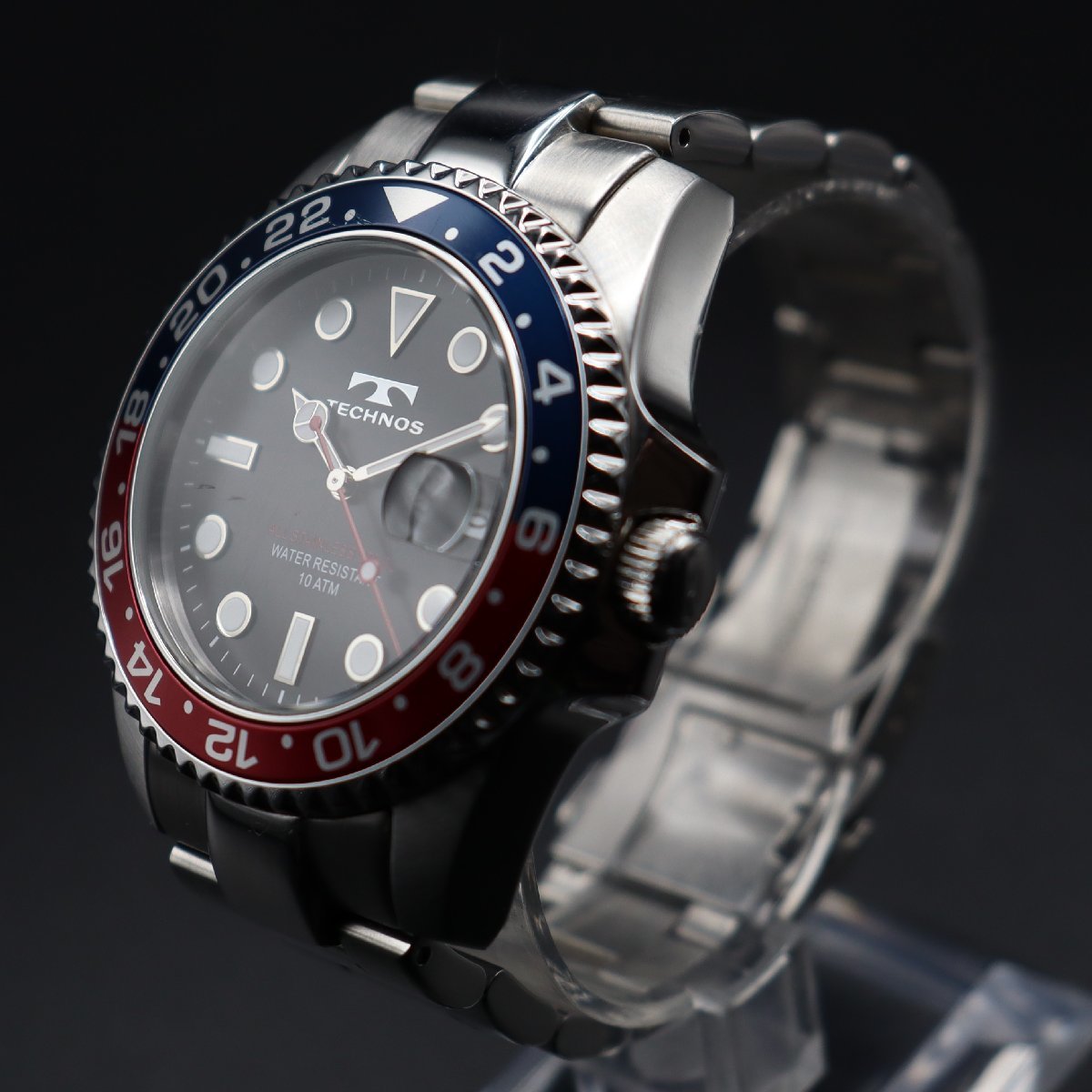 TECHNOS テクノス TSM412 クォーツ ブラック文字盤×赤秒針 赤青 