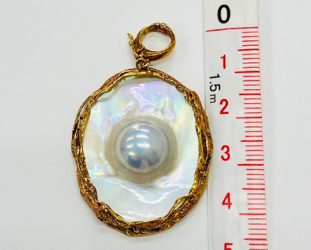 希少真珠】変形パール付 トップ K18刻印枠 真珠 幅約27mm/高さ約9.4mm