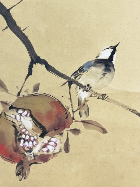 模写 田近竹邨「石榴小禽図」紙本 合箱 田能村直入師事 日本画 中国