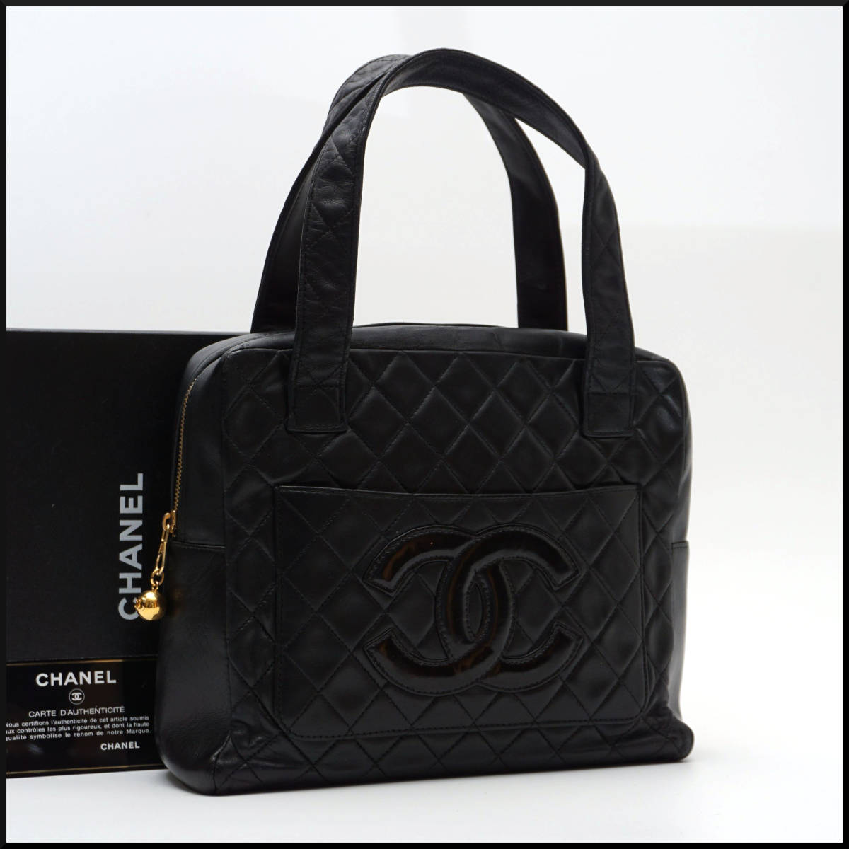 1円 美品 CHANEL シャネル マトラッセ ハンド バッグ ラムスキン デカ ココマーク レザー ミニ レディース シール カード あり 黒色