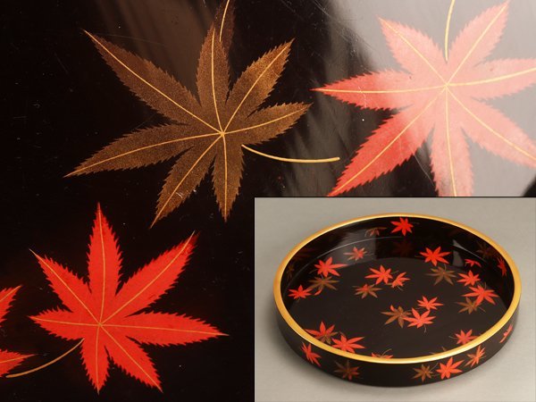 【流】時代漆器 黒塗紅葉蒔絵 大丸盆 箱付 DG273
