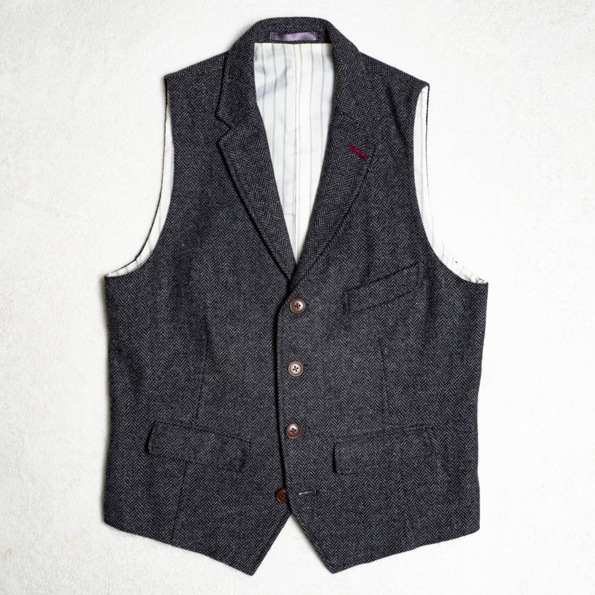 良品3サイズ/上質秋冬モノ!◎MEN'S MELROSE ヘリンボーンツイード生地 テーラードラペル ジレ ベスト メンズ M グレー