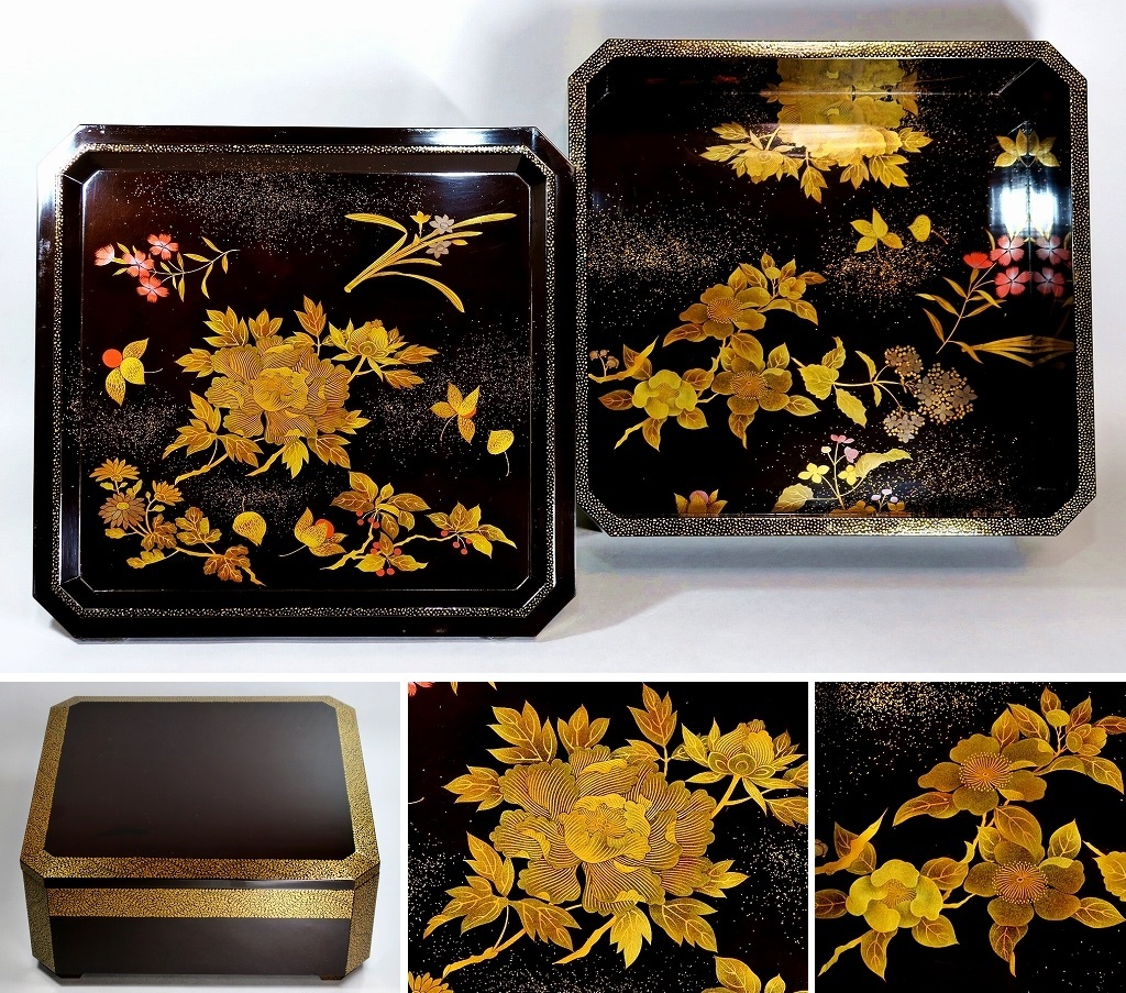 ◇加賀蒔絵 四季花蒔絵一段重箱 牡丹・菊・椿など豪華花蒔絵 超