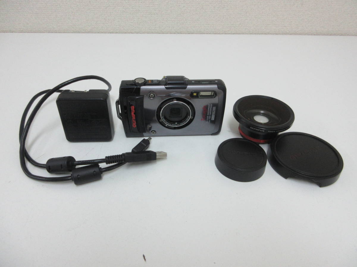 中古 カメラ OLYMPUS Tough TG-1 F2.0 FULLHD 防水 デジタルカメラ ※通電のみ確認済 + レンズ オリンパス フィッシュアイ FCON-T01 ／あ