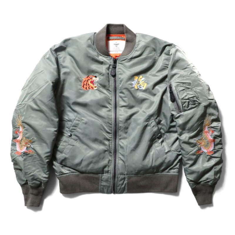 SALE 新品 HOUSTON ヒューストン MA1 フライトジャケット ボンバージャケット 中綿入り ベトジャン風刺繍 セージグリーン L