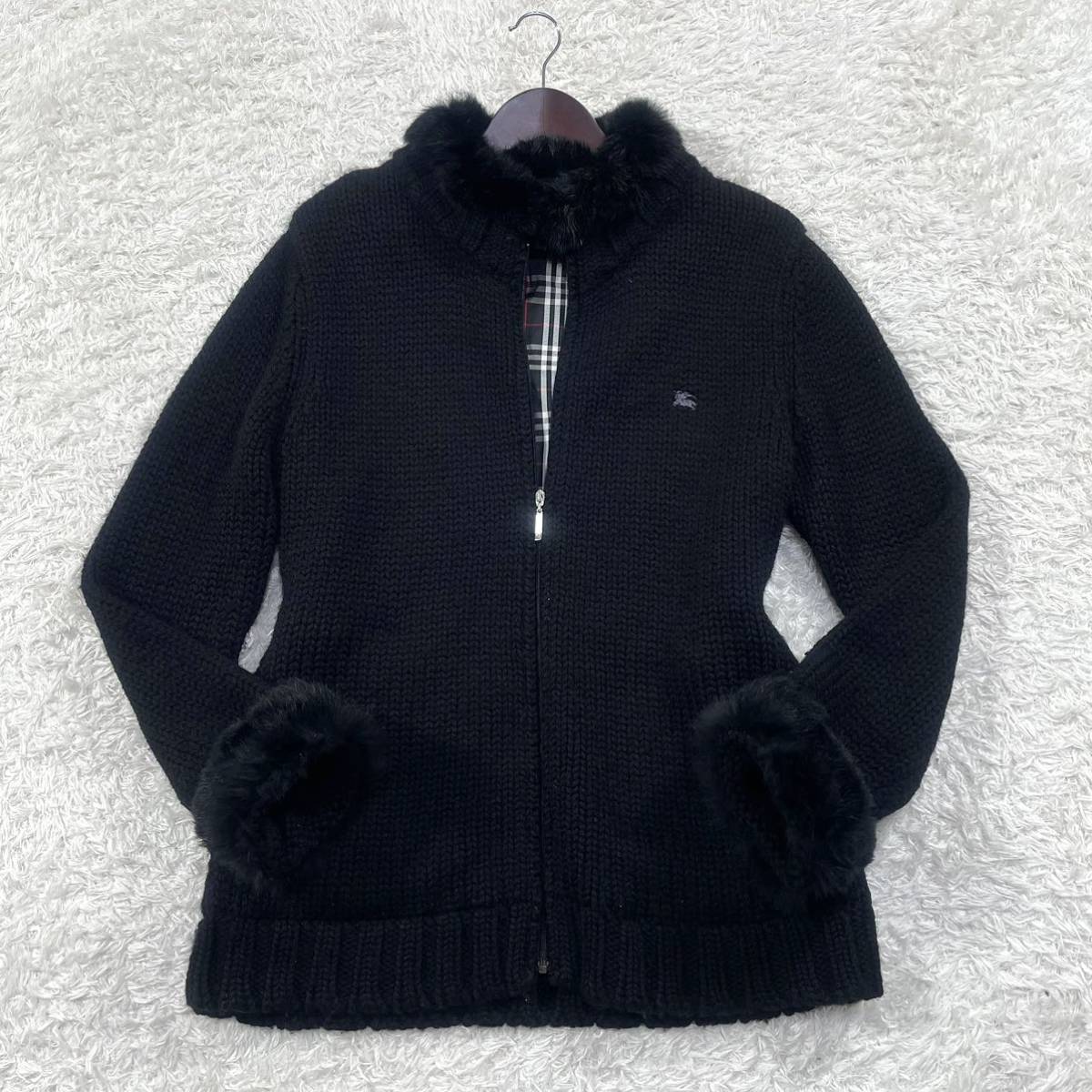 BURBERRY BLACK LABEL バーバリーブラックレーベル 肉厚 ニットジャケット Lサイズ 羊毛 ラビットファー 黒 ブラック メンズ 秋冬 アウター