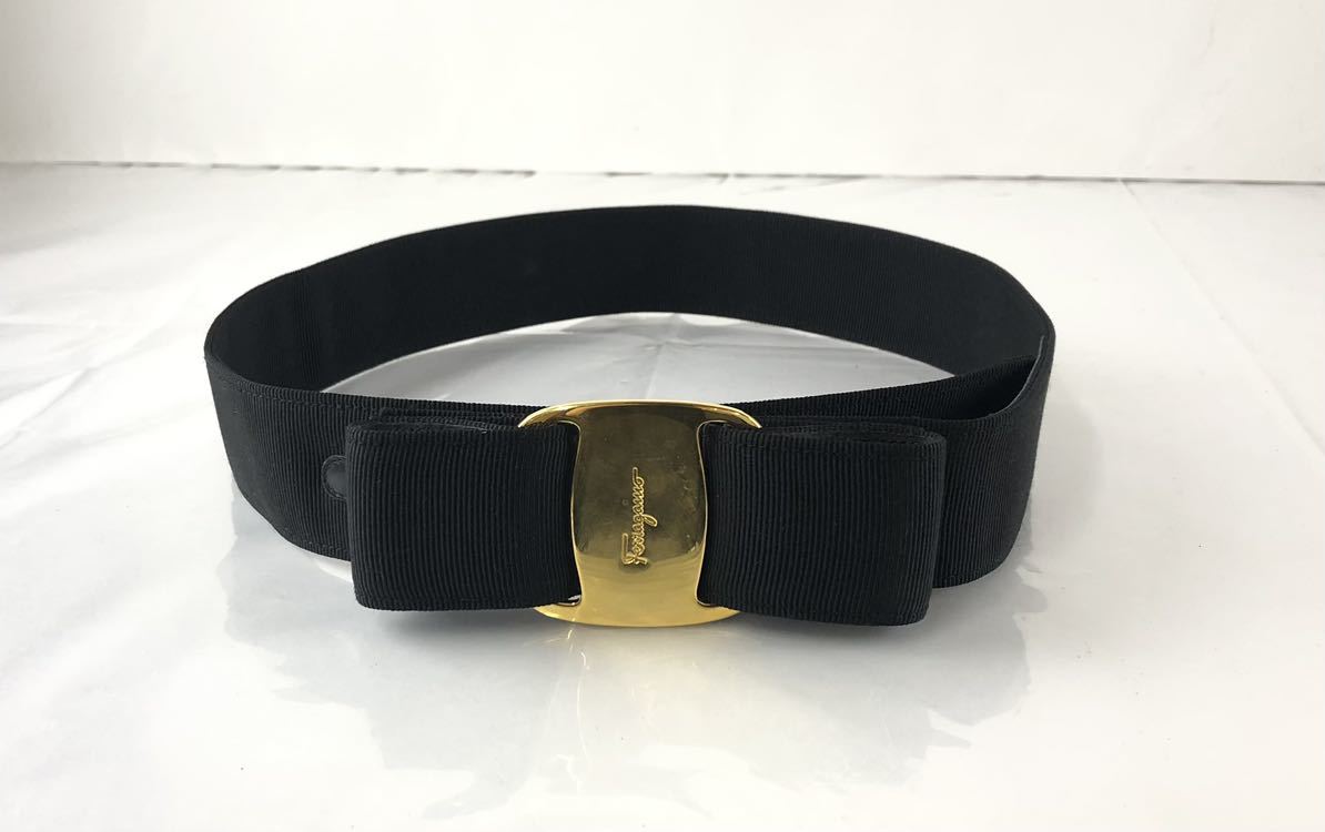 【SM589】SalvatoreFerragamo サルヴァトーレフェラガモ ヴァラリボン キャンバス リボン ベルト ブラック系 レディー 服飾小物