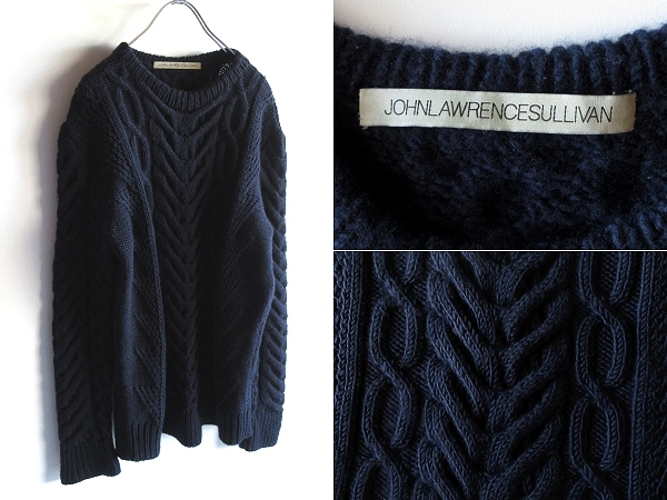 定価75600円 JOHN LAWRENCE SULLIVIAN ジョンローレンスサリバン ウール 肉厚 ケーブルニット ローゲージ アランセーター M 紺 日本製