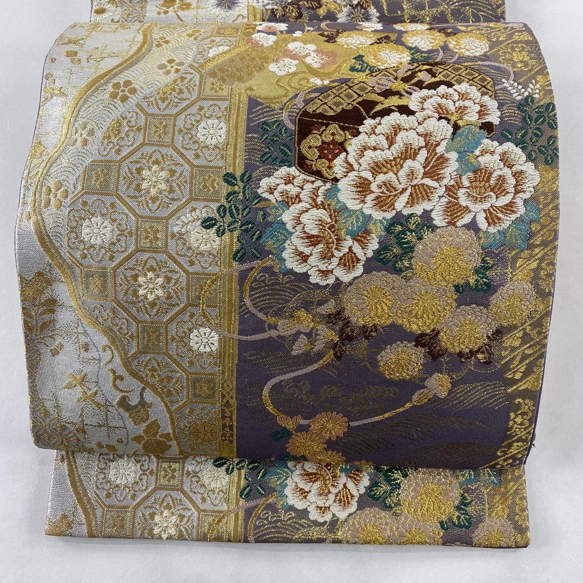 袋帯 秀品 六通 美品 箔 草花 やまと 正絹 金銀糸 中古 灰紫
