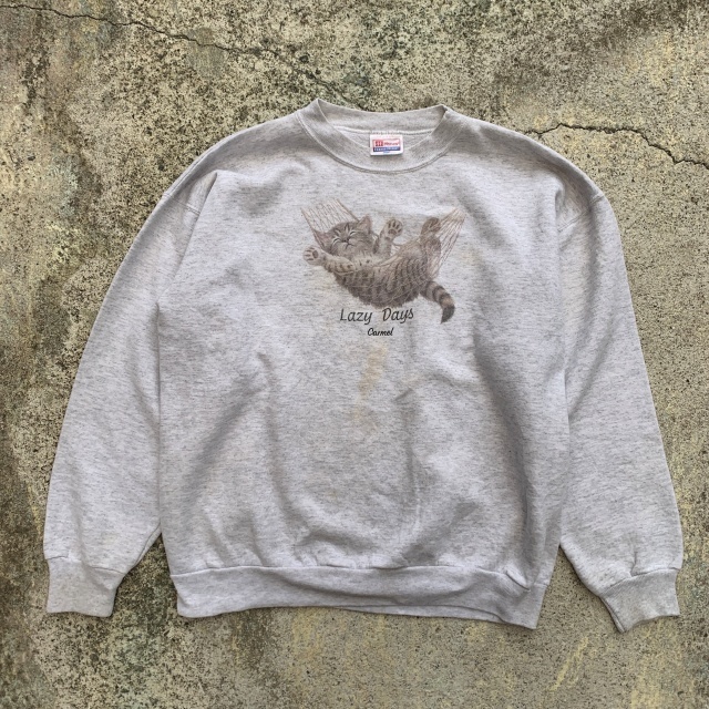 【M】Hanes 猫 プリントスウェット ライトグレー■ビンテージ オールド レトロ アメリカ古着 トレーナー ネコ 動物 レディース