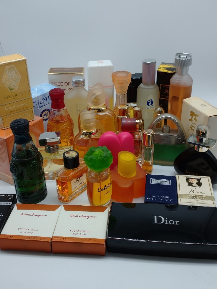ブランド香水、化粧品、せっけん 大量34点まとめ売り ディオール、プラダ、ニナリッチ、ヴェルサーチ、ラルフローレン、カルバンクライン