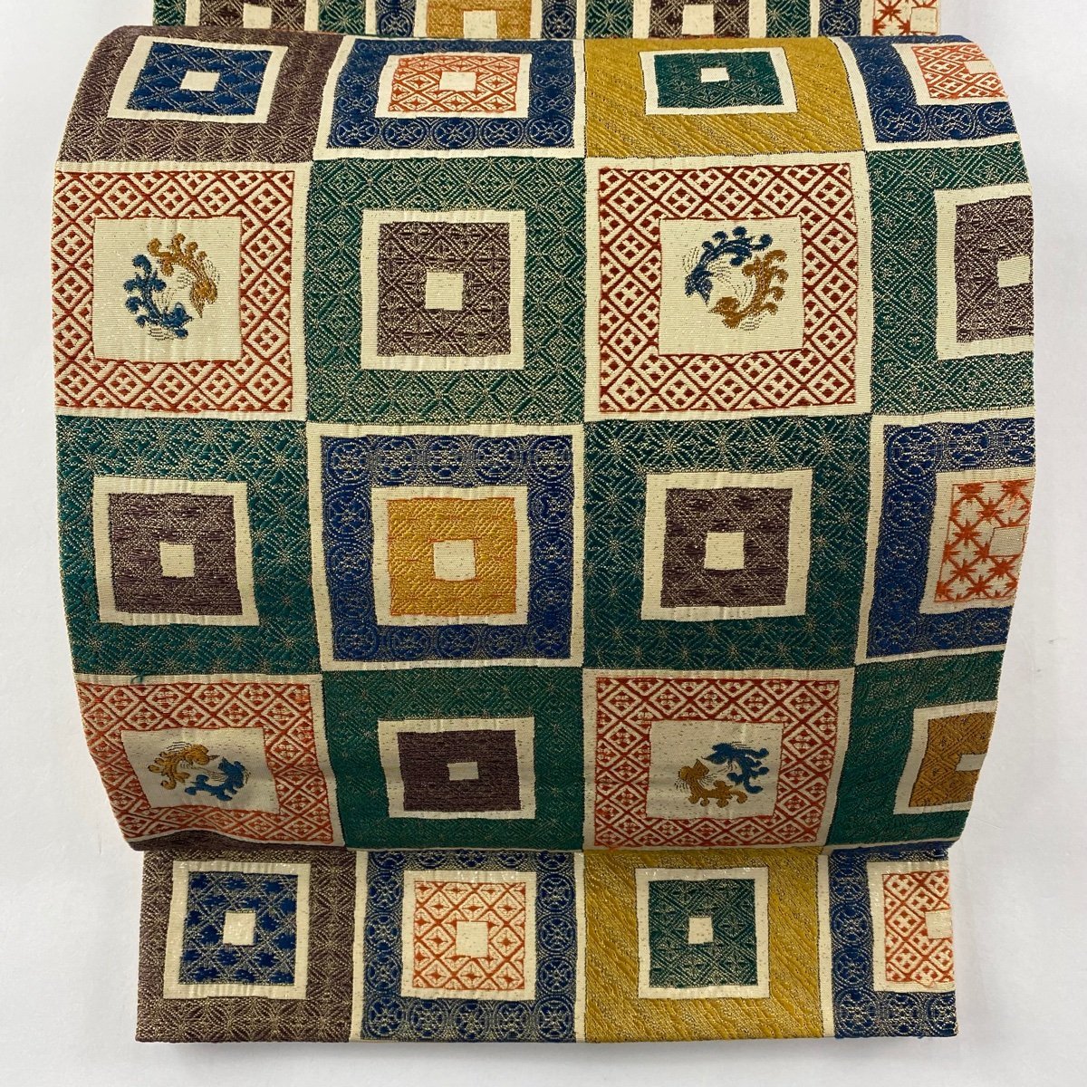 袋帯 美品 秀品 色絵石畳双鳳文 箔 緑 六通 正絹 【中古】 【公式通販】
