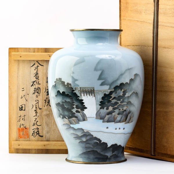 尾張七宝 二代 田村作 七宝焼 八寸青磁釉ダム風景花瓶 花生 花器 華道具 茶道具 高さ約25.5cm 共箱付 #35101