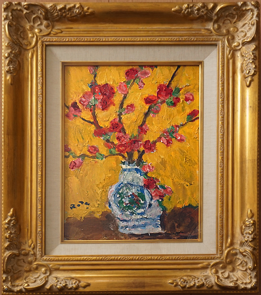 【真作】絵画　油彩4号　彩りの饗宴　花瓶に咲く華　鮮烈な赤と黄の花々　Y136 ◇尾田龍 「木瓜の花」 油彩 F4号 / 姫路市立美術館・兵庫県立美術館