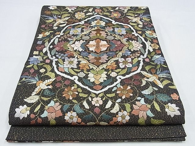 平和屋-こころ店□総刺繍 袋帯 更紗花鳥文 金通し地 正絹 逸品