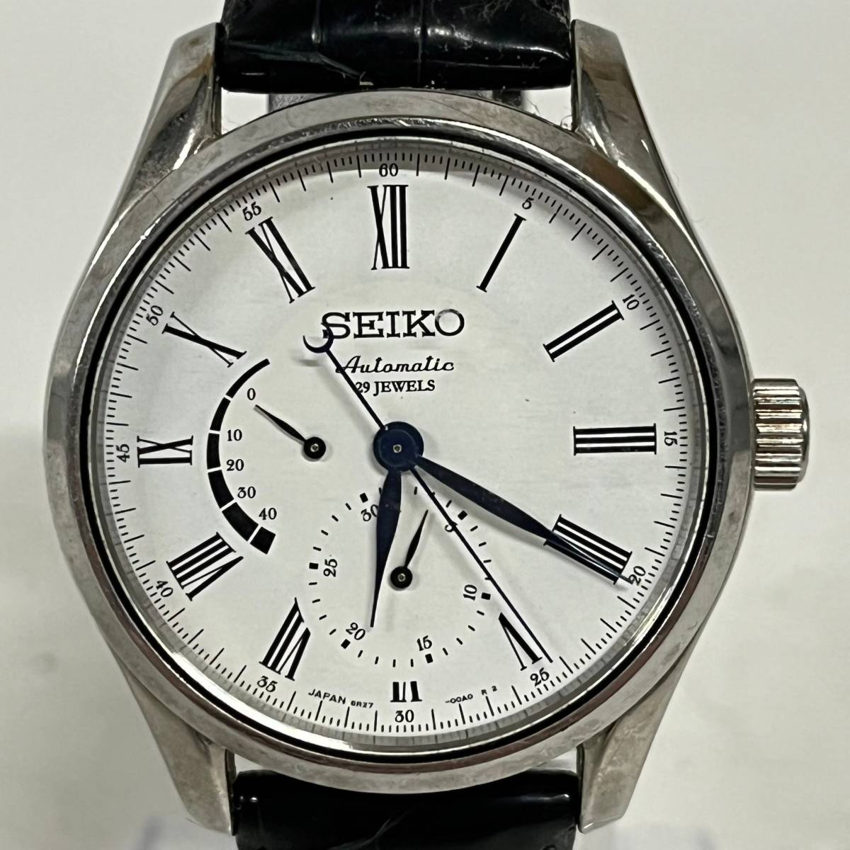 1円~【実動】SEIKO Presage セイコー プレサージュ 6R27-00F0 自動巻き メンズ腕時計 ホワイト文字盤 デイト 裏スケ 純正ベルト G151476
