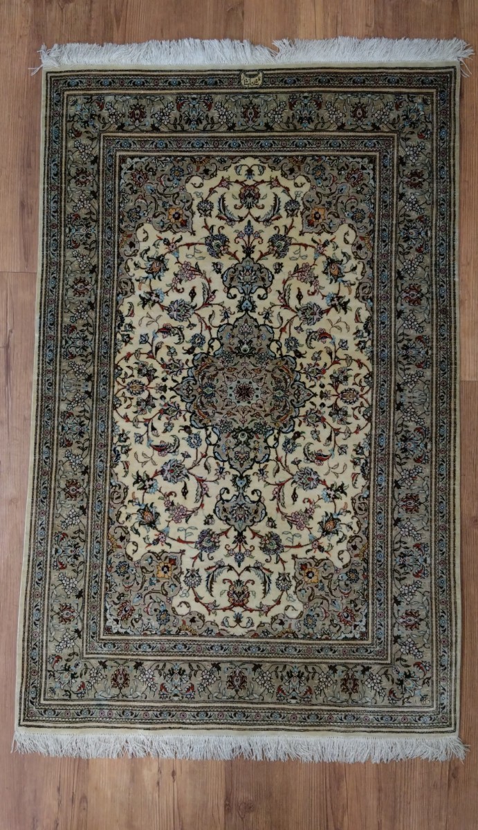 【120×85】ペルシャ絨毯 ラグ ナイン産 ウールシルク混 F-3