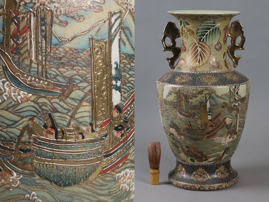 薩摩焼 色絵金彩 武士合戦図 耳付 花瓶 高45，5cm 飾壷 九谷 細密細工
