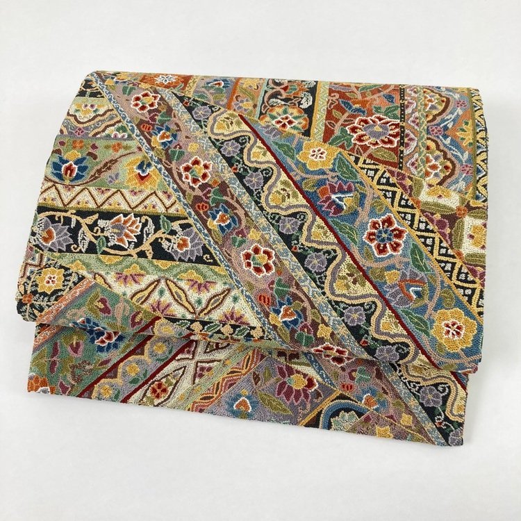袋帯 豪華 相良刺繍 六通 逸品 花柄 格子 華 金糸 マルチカラー 帯丈