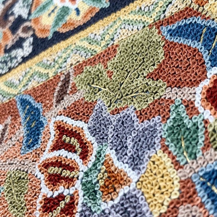 袋帯 豪華 相良刺繍 六通 逸品 花柄 格子 華 金糸 マルチカラー 帯丈