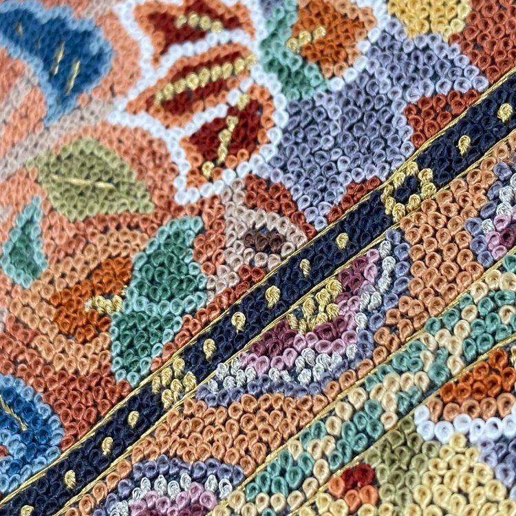 袋帯 豪華 相良刺繍 六通 逸品 花柄 格子 華 金糸 マルチカラー 帯丈