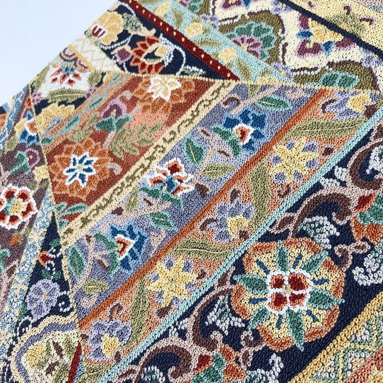 袋帯 豪華 相良刺繍 六通 逸品 花柄 格子 華 金糸 マルチカラー 帯丈