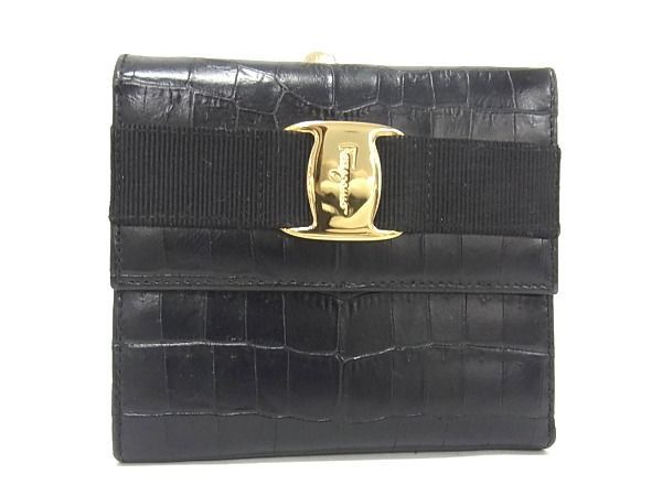 1円 ■美品■ Salvatore Ferragamo フェラガモ ヴァラ 型押しレザー 二つ折り 財布 ウォレット 小銭入れ 札入れ ブラック系 AU4938