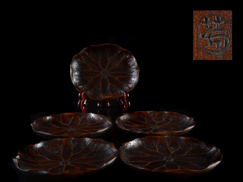 雲】某資産家買取品 木彫 蓮形茶托 5客 10x12x1.5cm 在銘 古美術品(芳