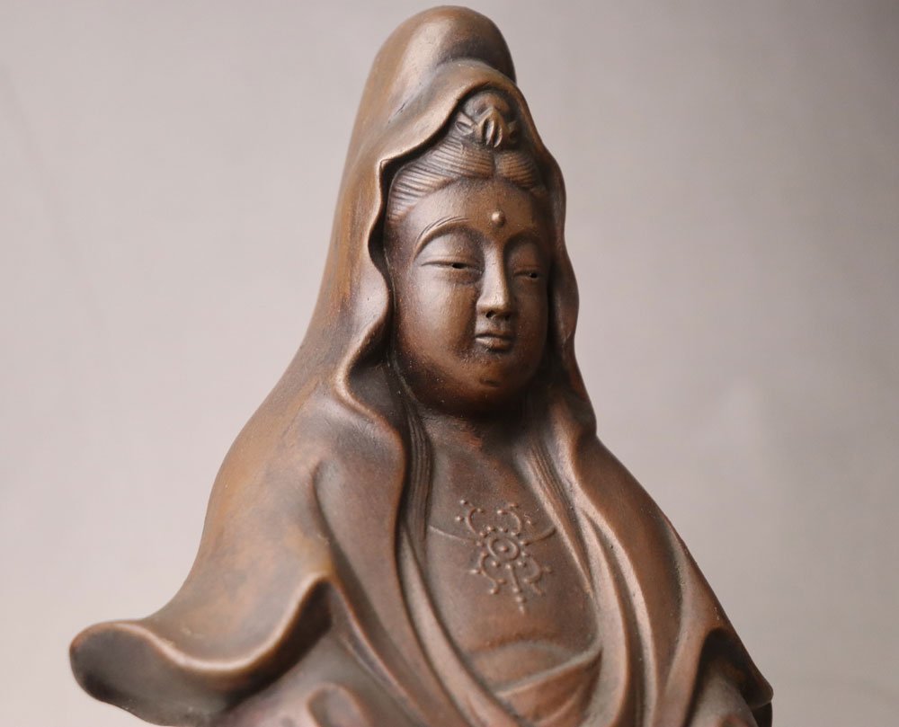 備前焼 観音菩薩立像 仏像 置物 細工物 仏教 観音様 在銘 作家作品 塑像 □W-3587□戦前～ 仏教美術 備前焼 観音菩薩立像 観音様 仏像 刻印