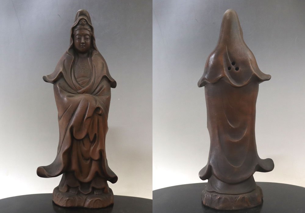 □W-3587□戦前～ 仏教美術 備前焼 観音菩薩立像 観音様 仏像 刻印